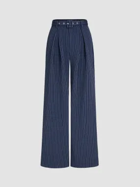 Pantalón recto a rayas de tiro medio con cinturón